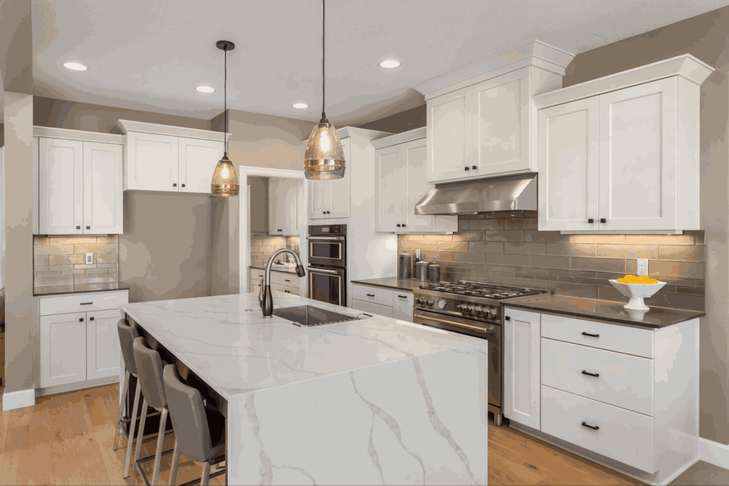 Elegant kitchen design showcasing white cabinetry and a luxurious marble island by Intermountain Stone and Marble.