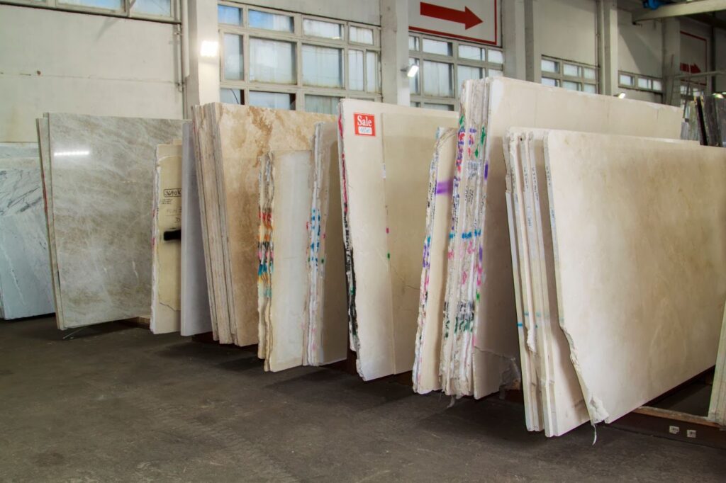 A warehouse filled with marble slabs, ready to be used as countertops.