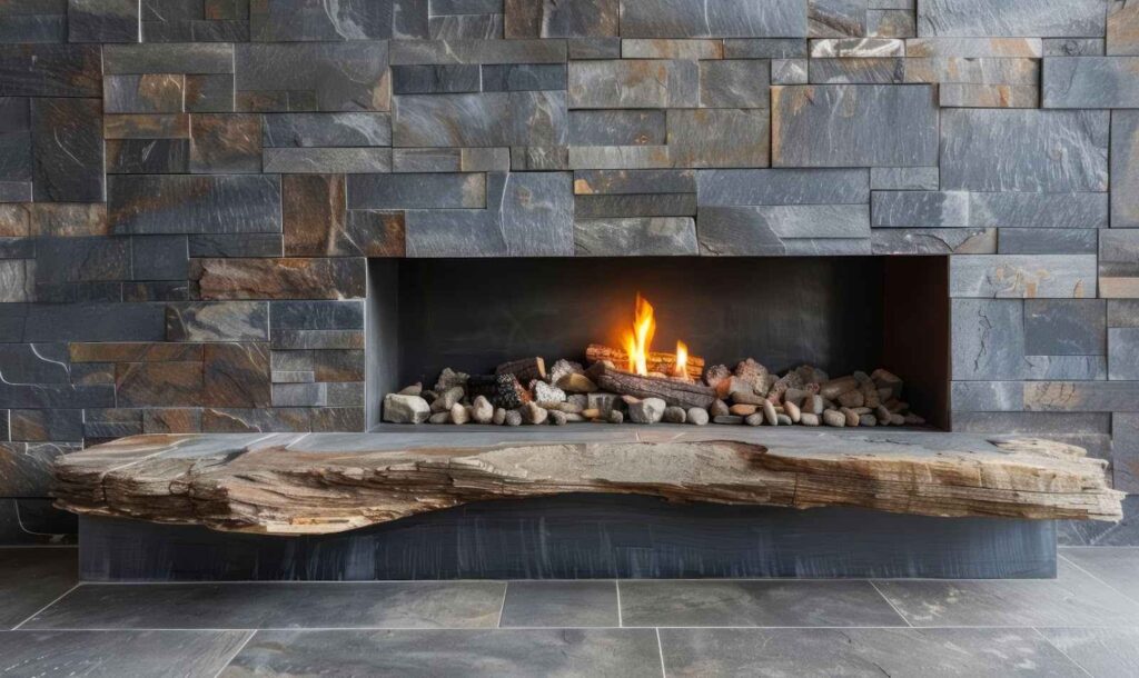 A stone fireplace with a mantel in a living room, radiating warmth from a crackling fire against a textured stone wall.