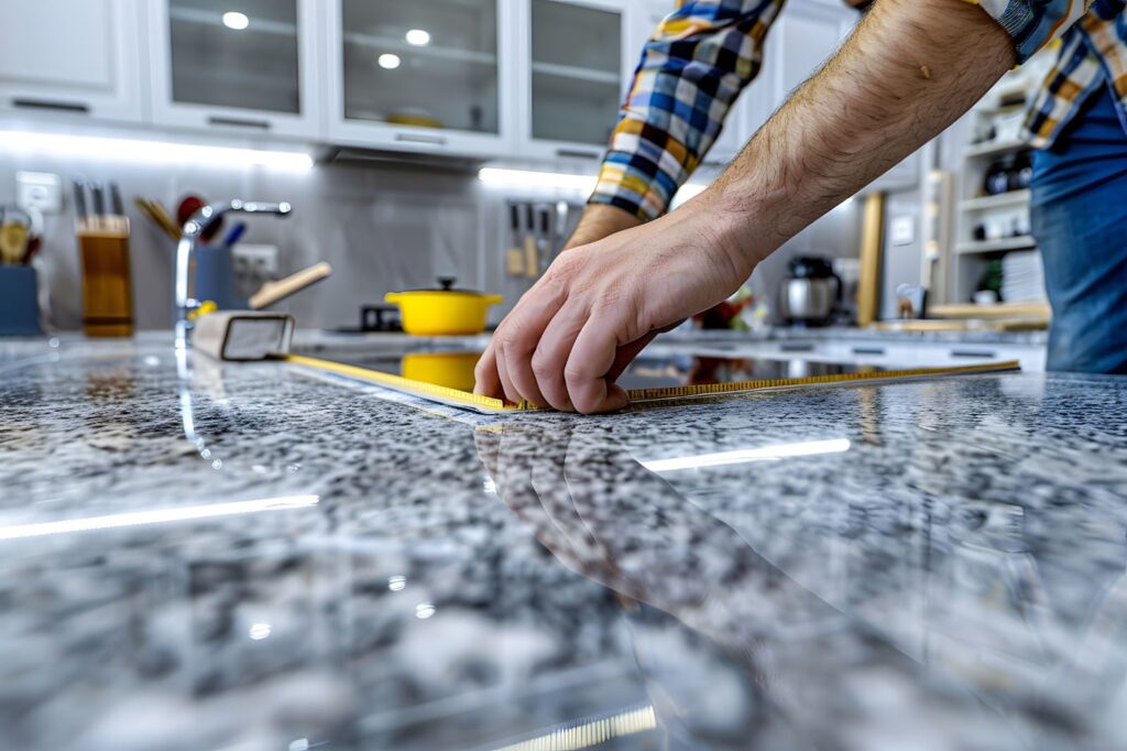 A man meticulously works on a granite countertop, showcasing the beauty of stone craftsmanship in a kitchen setting.