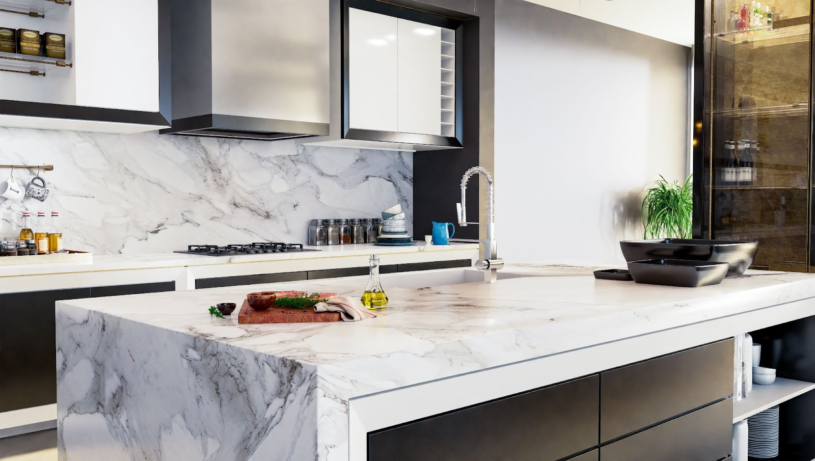 A sleek kitchen with elegant marble countertops and modern appliances.