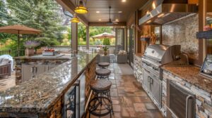 An outdoor kitchen featuring a grill and bar with elegant granite and stone countertops, perfect for entertaining guests.