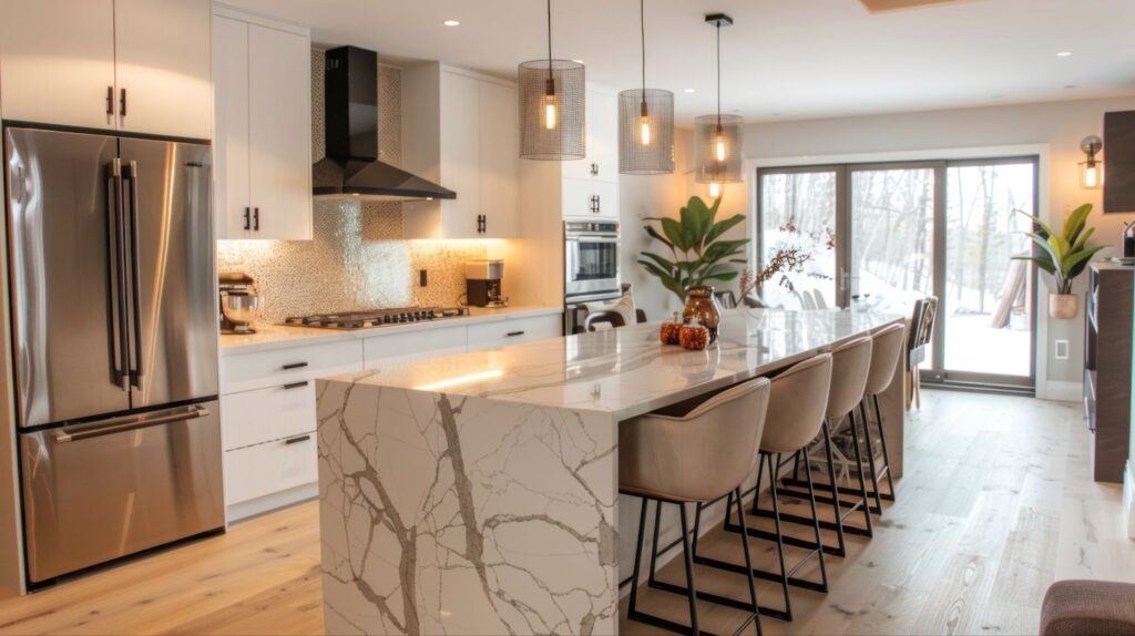 A contemporary kitchen featuring elegant marble countertops and sleek stainless steel appliances, showcasing modern design.