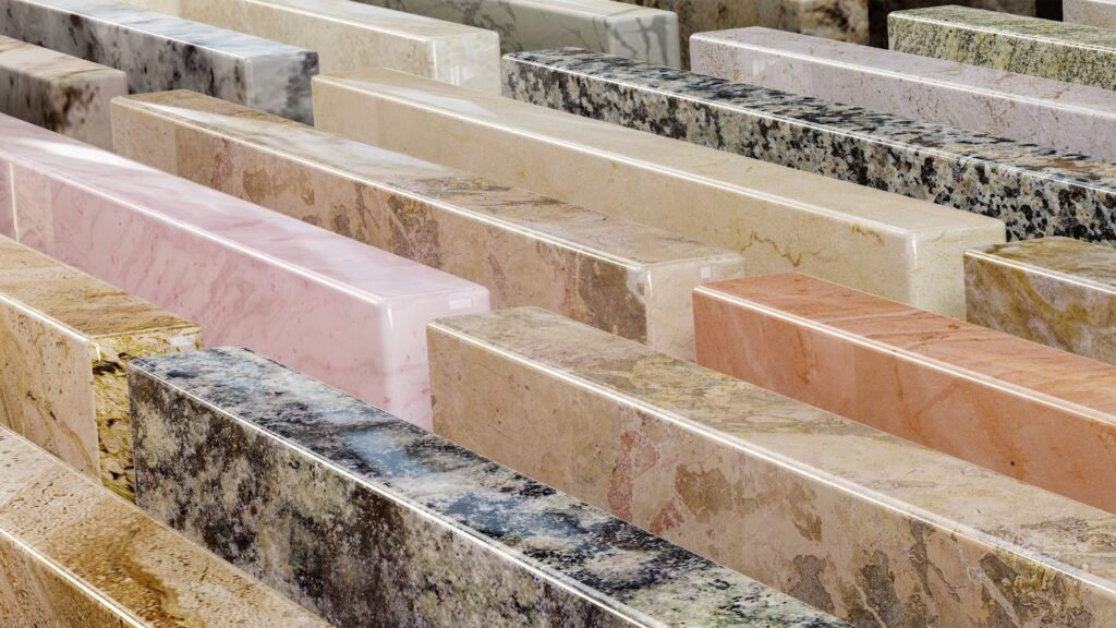 A diverse array of colorful marble pieces, showcasing options for quartz kitchen and bathroom countertops.