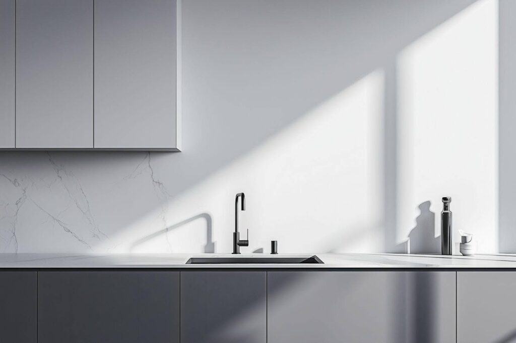 A minimalist kitchen with white walls and a sleek sink