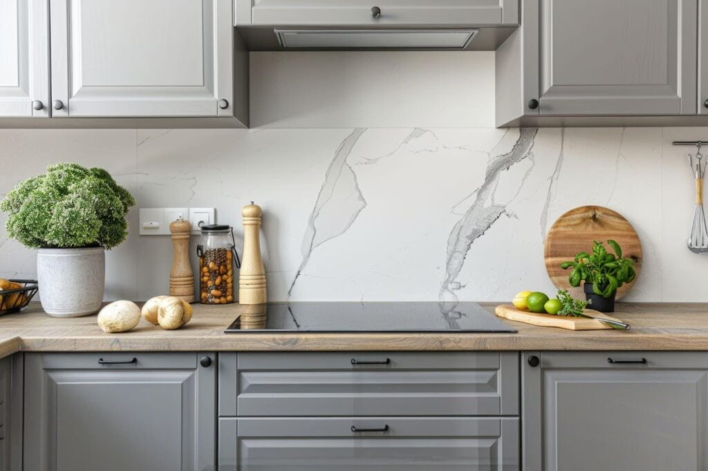 A modern kitchen featuring elegant white marble countertops paired with stylish gray cabinets