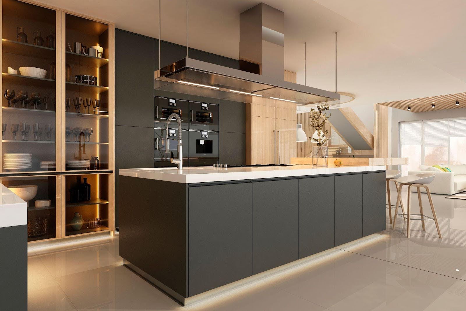 A sleek modern kitchen with a large island and chic bar, ideal for cooking and entertaining