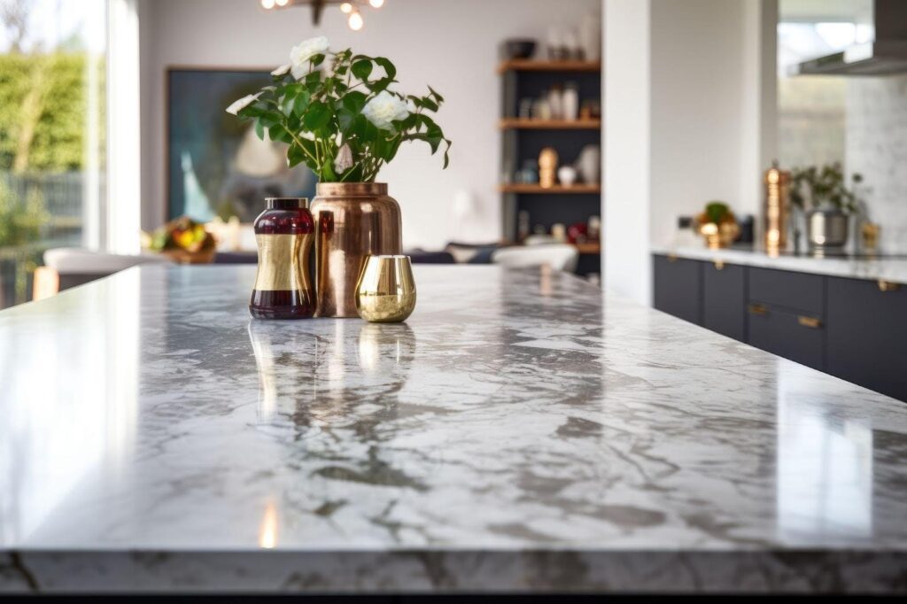 A contemporary kitchen featuring sleek marble countertops and a striking gold vase