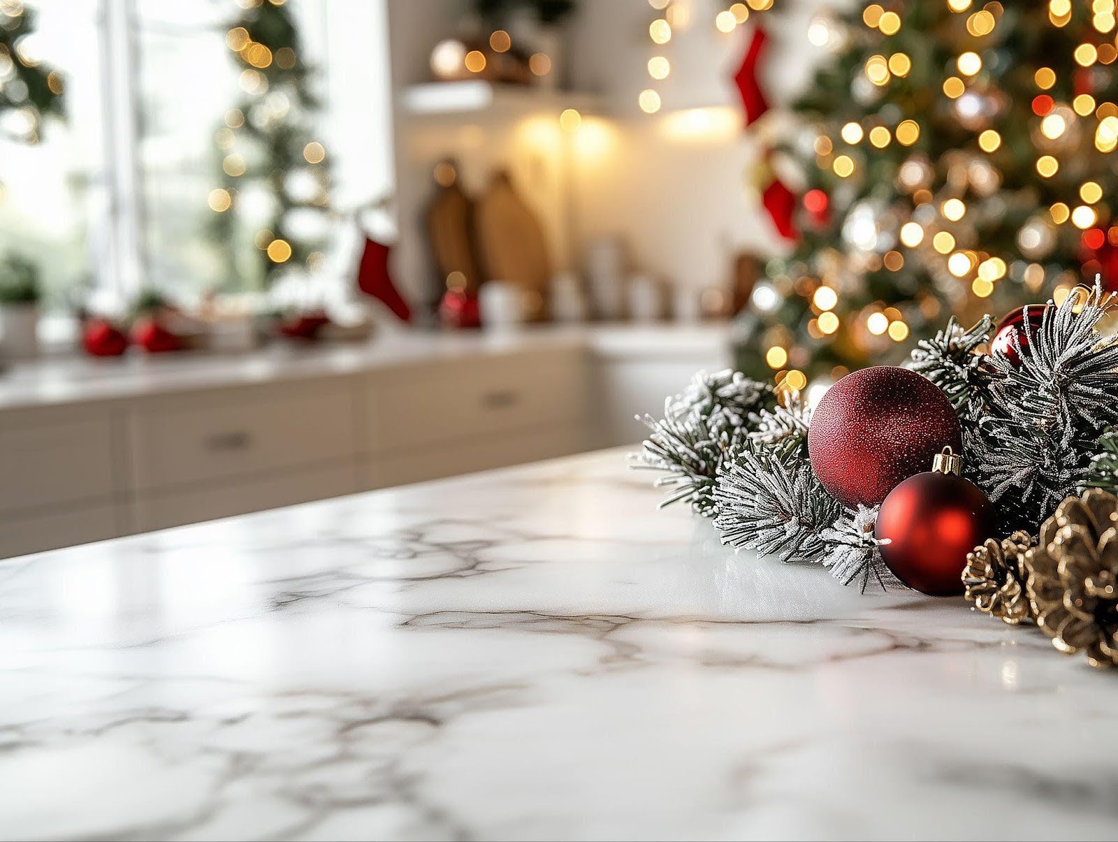 A kitchen counter adorned with vibrant Christmas decorations, showcasing a joyful setting