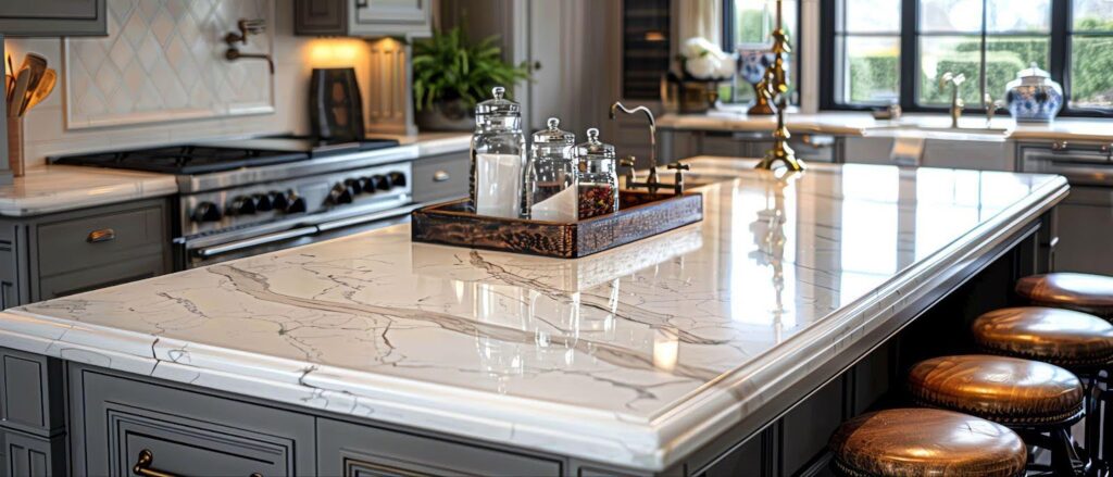 A modern kitchen with elegant marble countertops and a spacious island