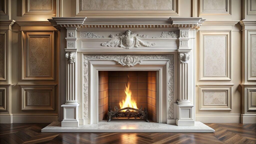 A fireplace with elegant wood floors contributes to a welcoming interior