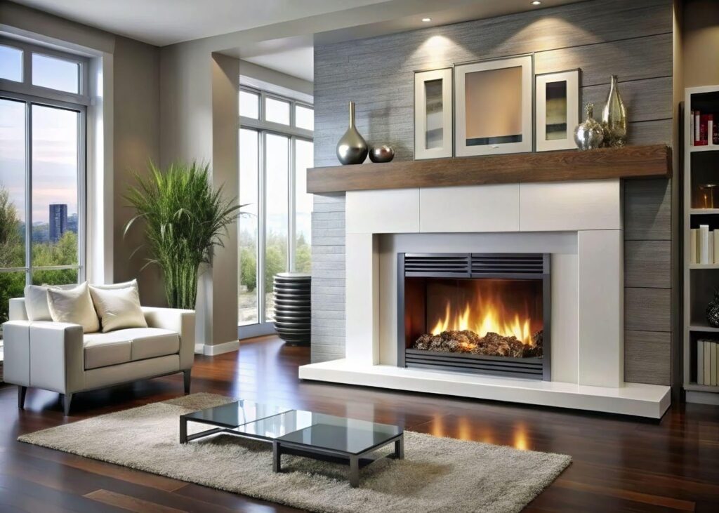 A stylish living room with a fireplace and plush couch, ideal for gatherings